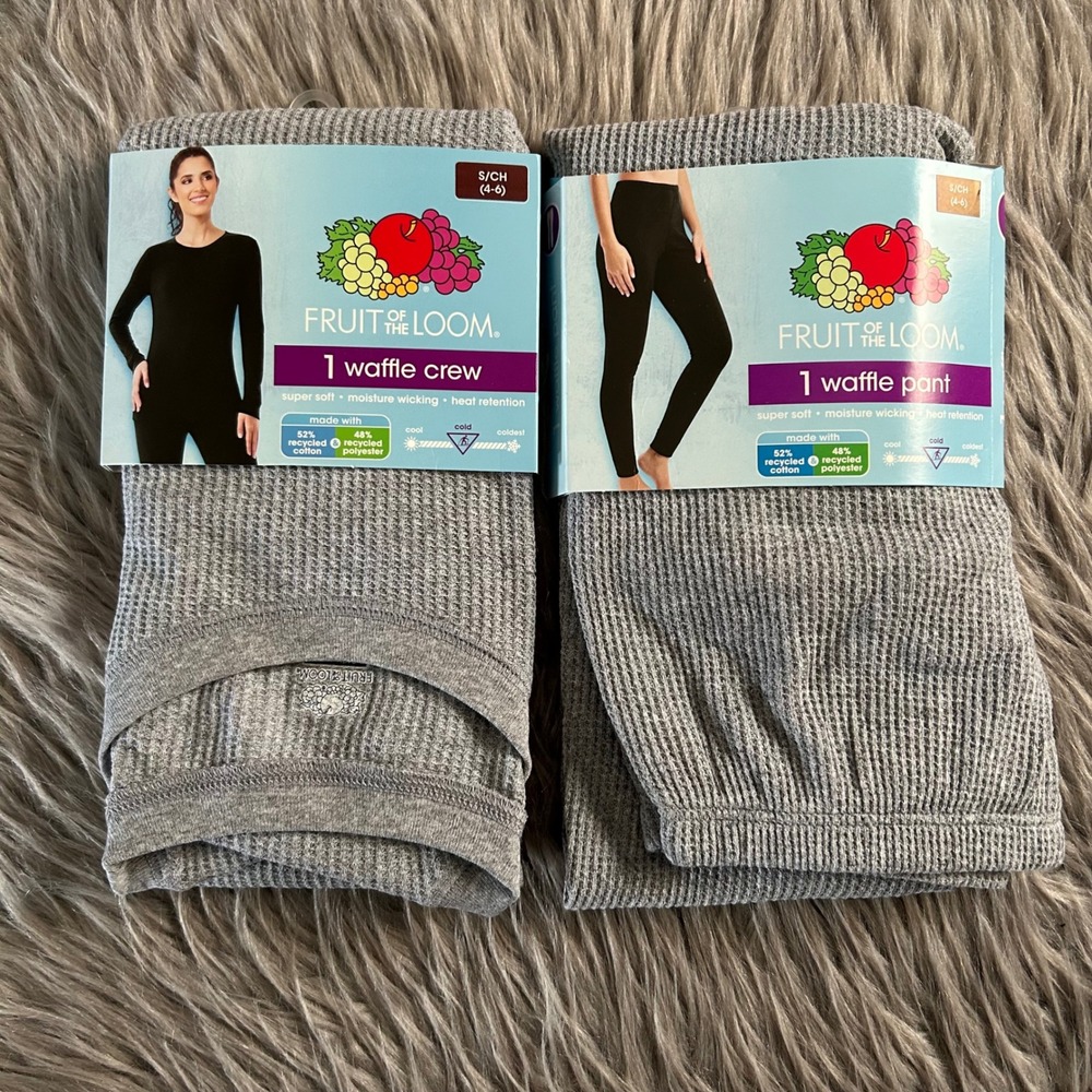 Fruit Of The Loom Thermal Set Womens Size Small Gray Waffle Crew Shirt Pants NEW